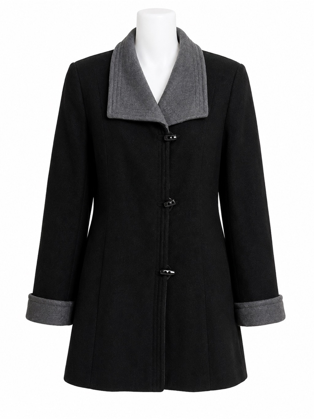 Size 12 Windsmoor Women’s Wool Cashmere Toggle Coat Black Gray Swing‎ Jacket